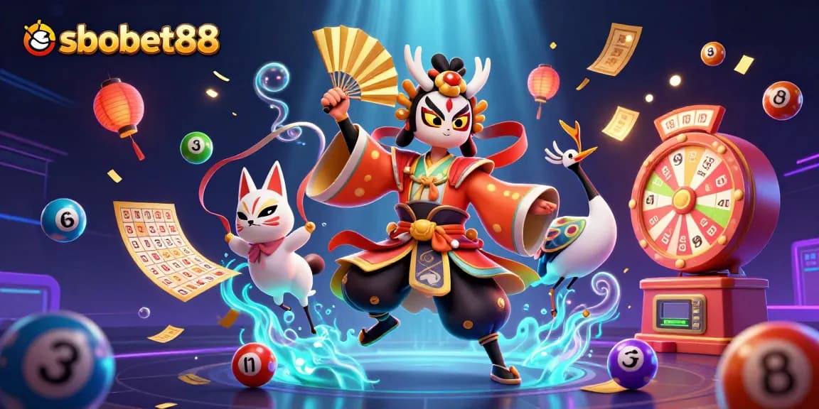 SboBet88 offers thrilling opportunities, highlighted by a dynamic scene with a kabuki warrior and vibrant gaming elements.