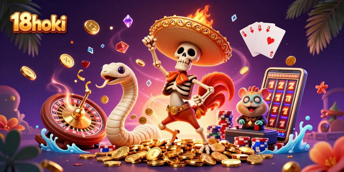 Win big at 18hoki with a fun scene of a dancing mariachi rooster and sparkling casino games.