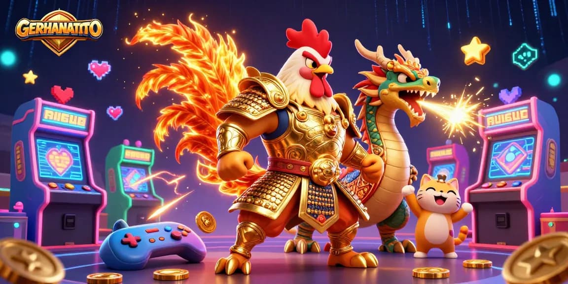 GERHANATOTO menampilkan ilustrasi digital 3D dengan jagoan ayam tempur dan naga, dalam suasana kasino yang kaya.