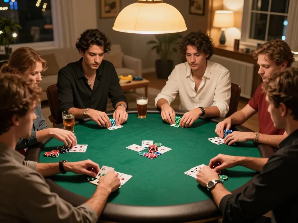 Players enjoying a spirited poker game at home; situs gacor visible through vibrant chip stacks and focused expressions.