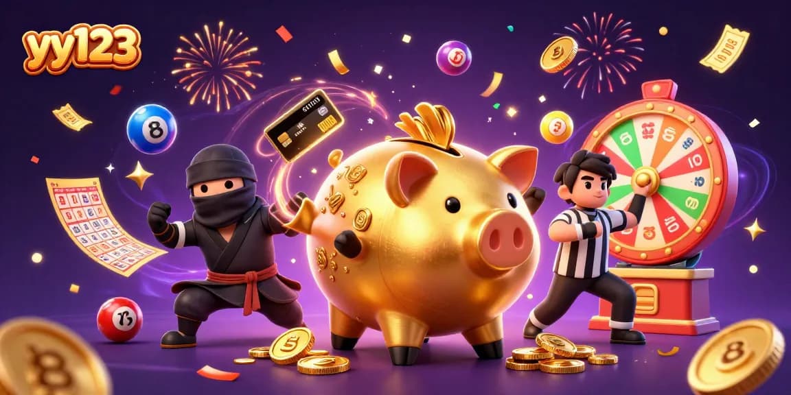 yy123 menarik perhatian dengan ilustrasi kasino penuh warna dan dinamis, menampilkan elemen slot dan tiket emas.
