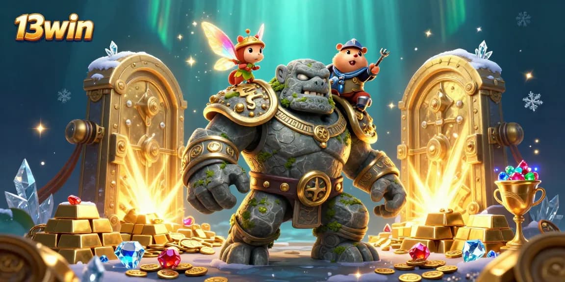 Experience thrilling gameplay at 13win as the golem guardian unveils riches in a vibrant casino scene.