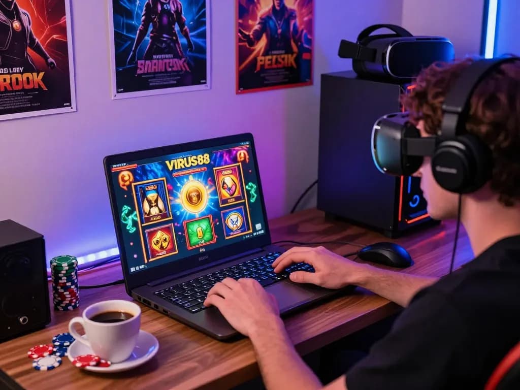 Pemain menikmati permainan slot online VIRUS88 dalam pengaturan permainan yang cerah dengan chip warna-warni dan lampu LED