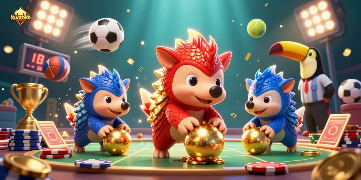 Kuatoke pangolins compete in a lively casino game, surrounded by dynamic elements and golden confetti.