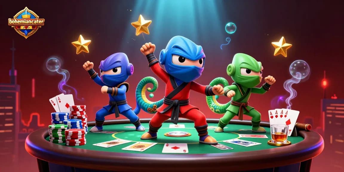 Exciting bohemiancater scene with ninja chameleons and vibrant poker elements in action