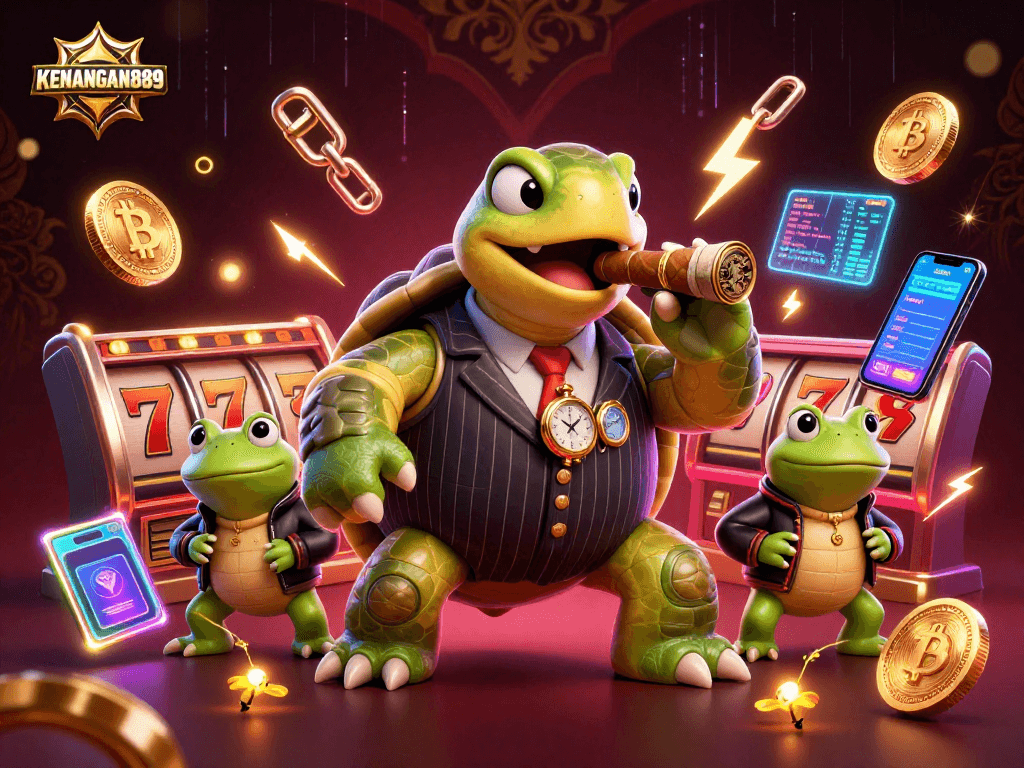 Experience KENANGAN889 with vibrant slot action featuring a turtle mobster and bullfrog enforcers.