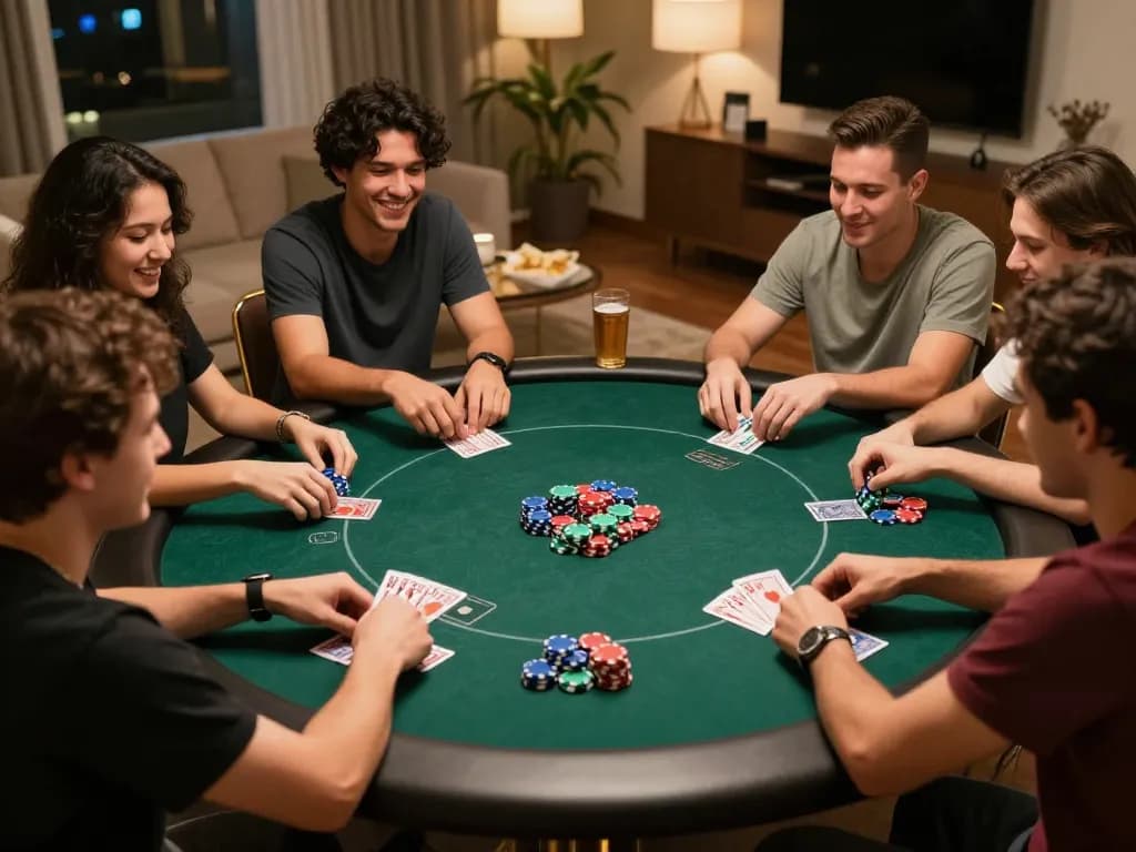 LGO99 Situs Game Online Terpercaya Di INDONESIA showcases friends engaging in a vibrant home poker game.