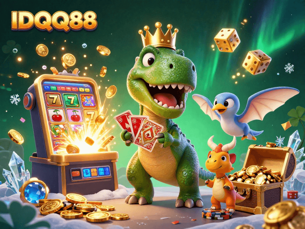 Experience thrilling gameplay at IDQQ88 with a T-Rex, cards, and jackpot excitement!