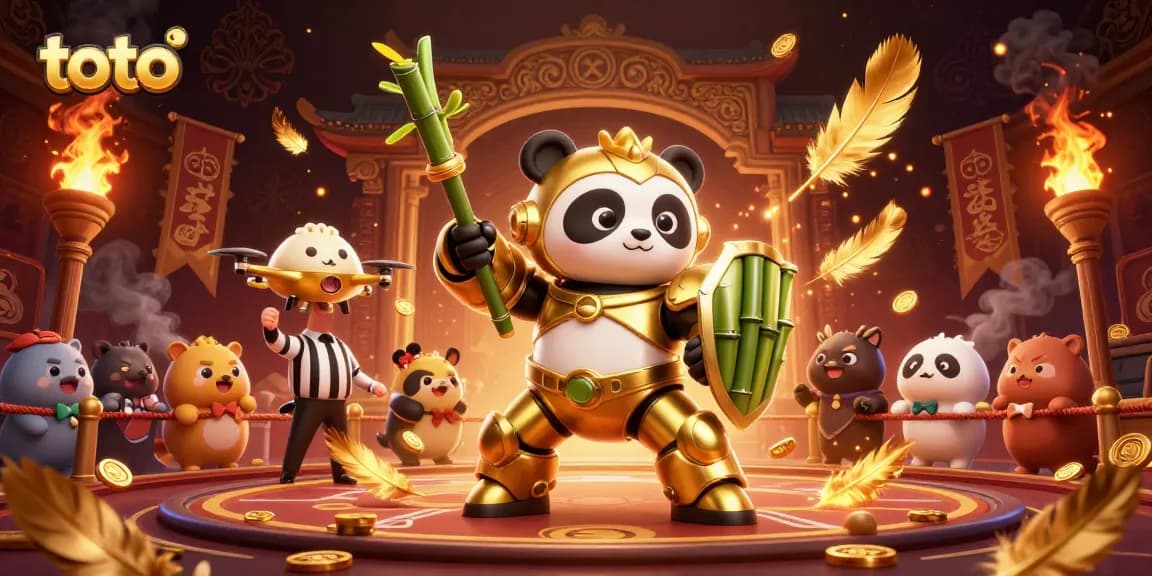 Experience the excitement of toto with a golden panda warrior in a casino arena.