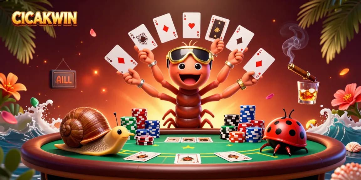 CICAKWIN showcases an exciting gaming scene filled with vibrant card characters, chips, and casino elements.