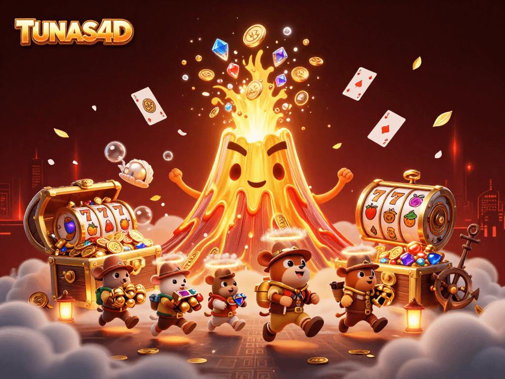 TUNAS4D players enjoying a dynamic, treasure-filled online slot gaming scene with vibrant character action.