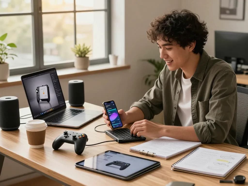 Exploring trending tech gadgets in a modern workspace with innovative Bluetooth devices and tech tools.