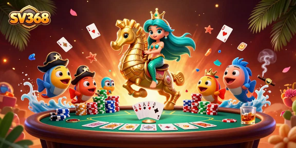 Experience exciting gameplay at SV368 with a vibrant casino scene featuring poker elements and fantasy characters.