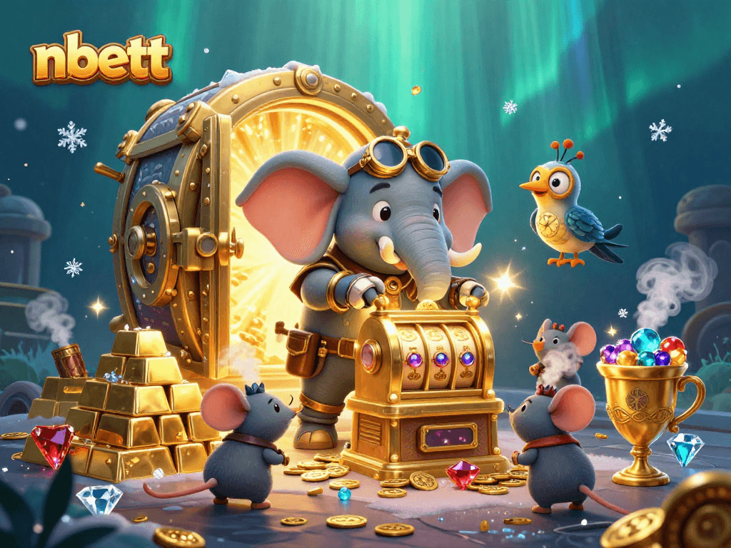 Experience thrilling gameplay at nbett with golden slot machines and treasures bursting forth in this vibrant casino scene.