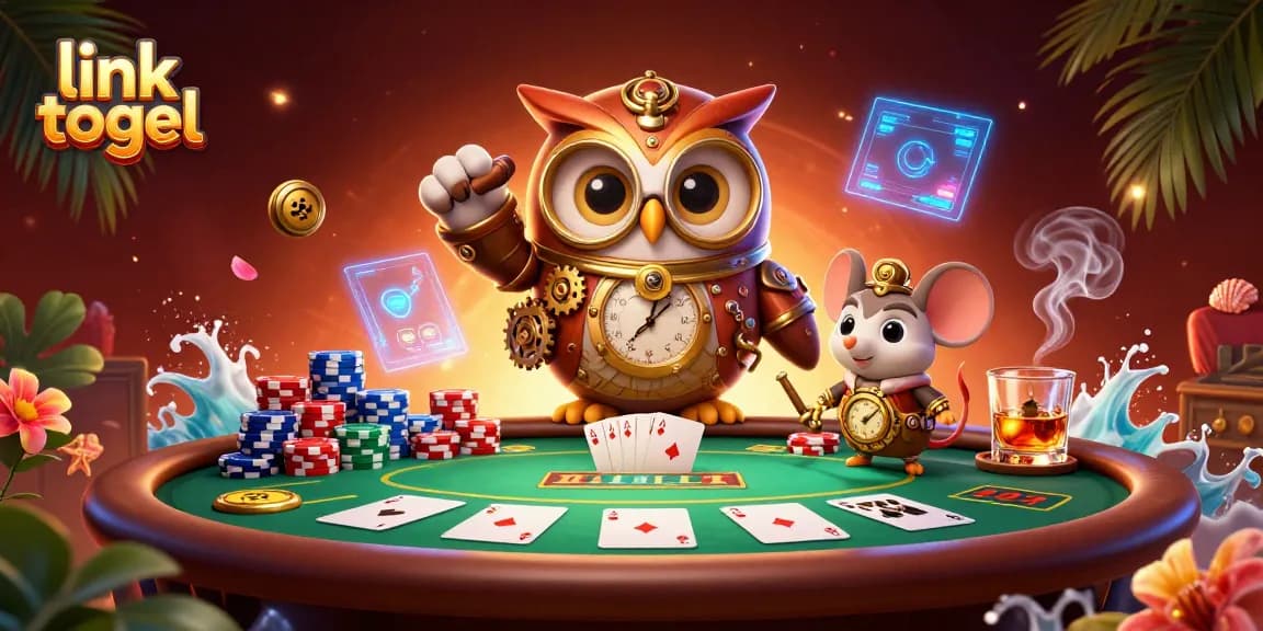 Experience the thrill of link togel with a dynamic 3D casino scene featuring an owl in steampunk gear.