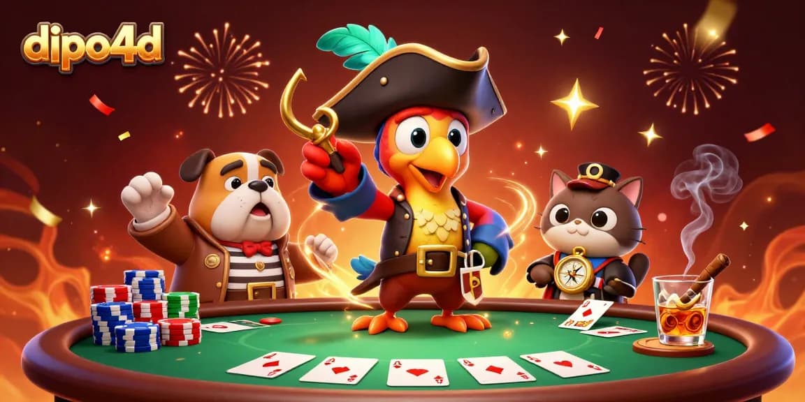 Dive into dipo4d's thrilling poker world with a vibrant pirate-themed illustration.