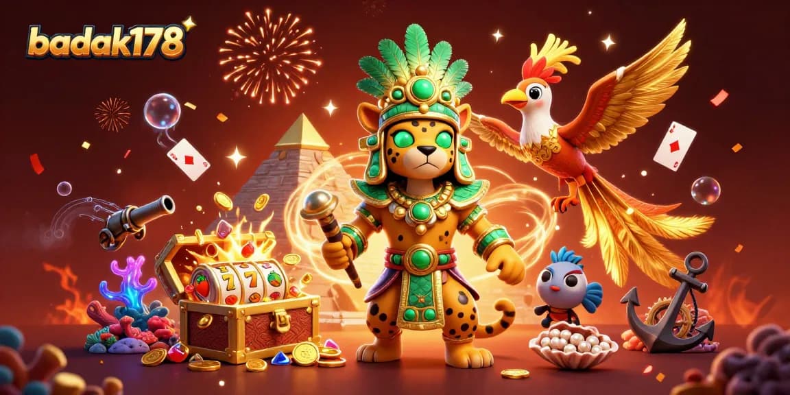 The Mayan jaguar priest and quetzal bird celebrate wins at badak178 with colorful slot reels and gems.