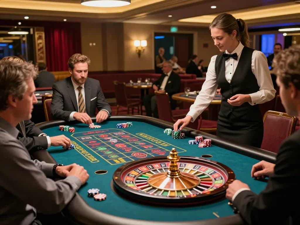 Pemain M88 Mansion Indo menikmati permainan roulette yang mendebarkan di lingkungan kasino yang mewah.