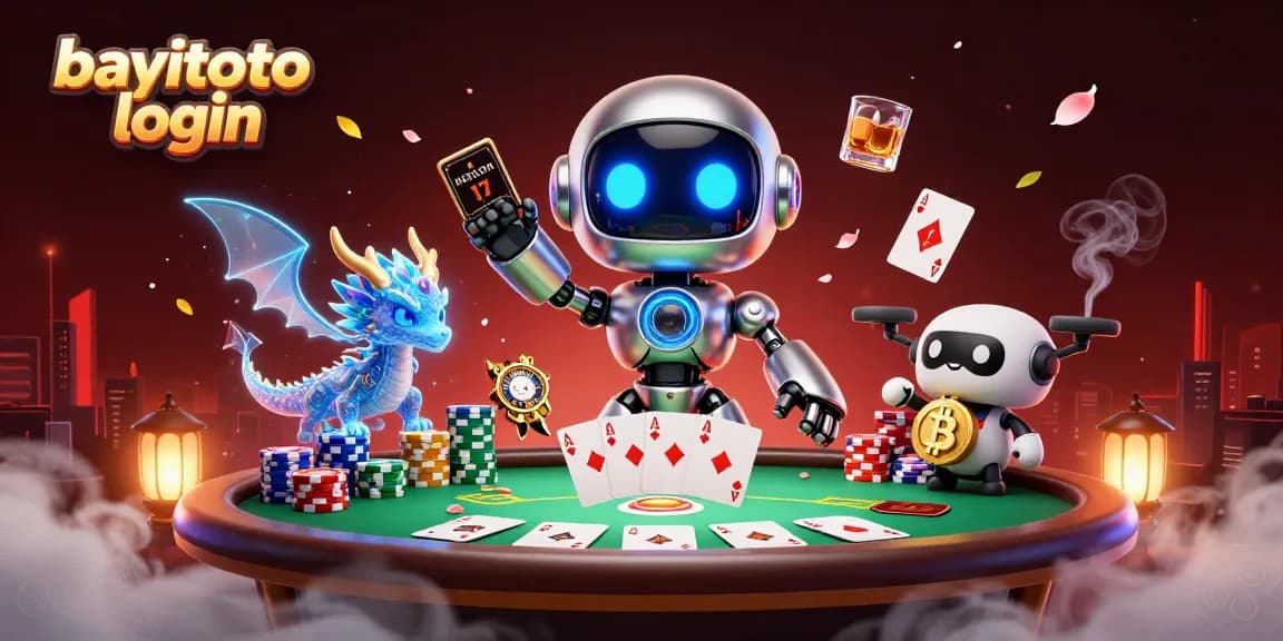BAYITOTO login scene featuring a cyberpunk robot and AI companion amidst vibrant poker game elements and dynamic visuals.