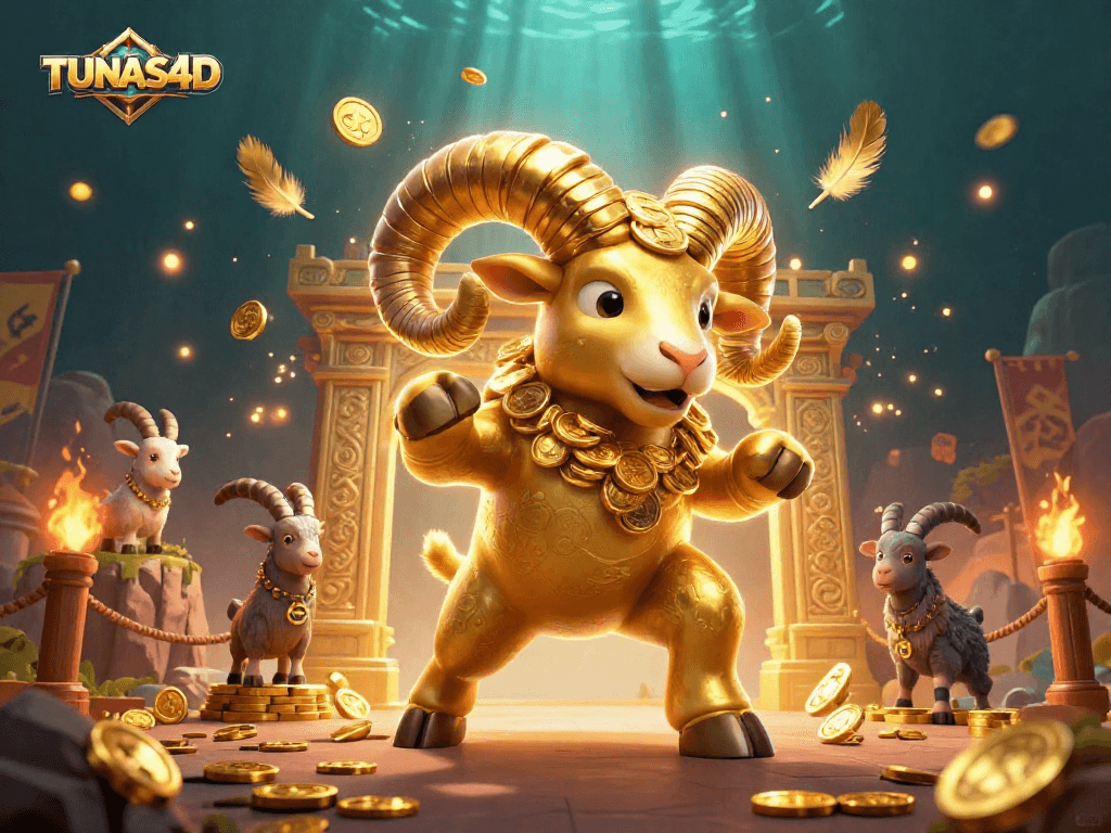 Engage with TUNAS4D's thrilling illustration featuring a golden ram charging towards fortune in an exciting online betting scene.