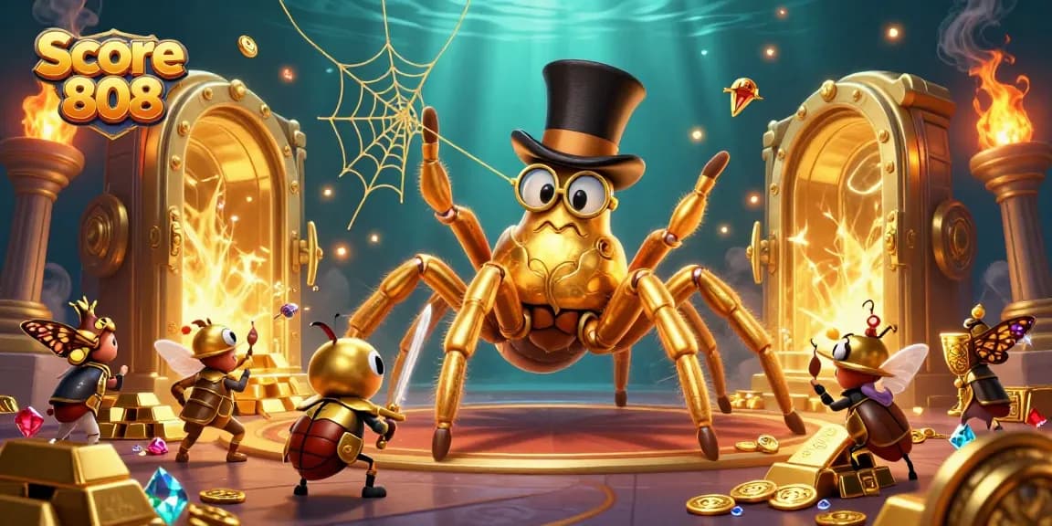 Experience vibrant gameplay with Score 808's casino-themed illustration featuring fantasy characters and treasures.