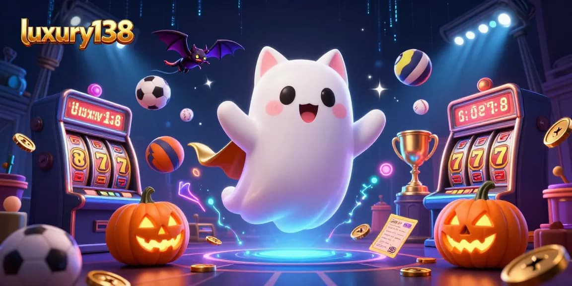 Experience excitement with luxury138, featuring a ghost cat and dynamic casino elements in a thrilling scene.