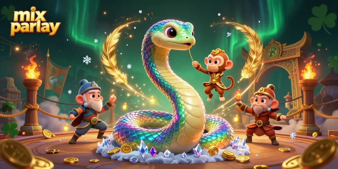 Ikuti petualangan mix parlay dengan ular pelangi dan raja monyet dalam ilustrasi kasino fantastis.
