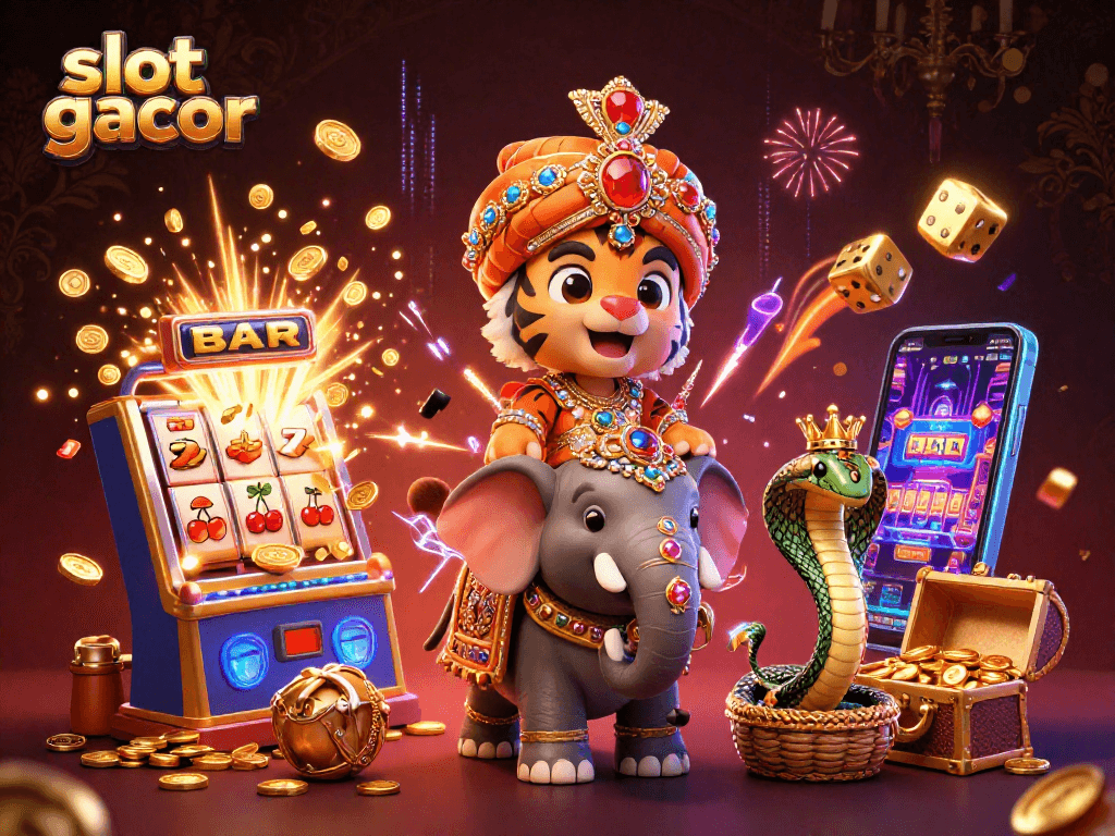 Experience the excitement of slot gacor with a vibrant 3D illustration featuring a jeweled elephant and jackpot elements.