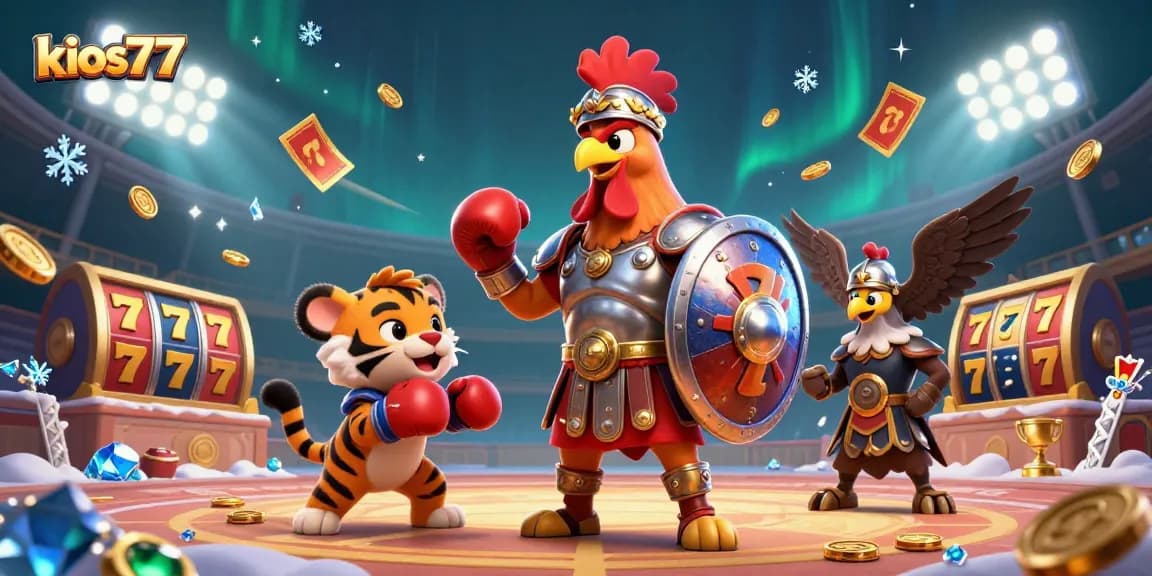 Kios77 showcases thrilling slot adventure with gladiator rooster and casino elements in action.