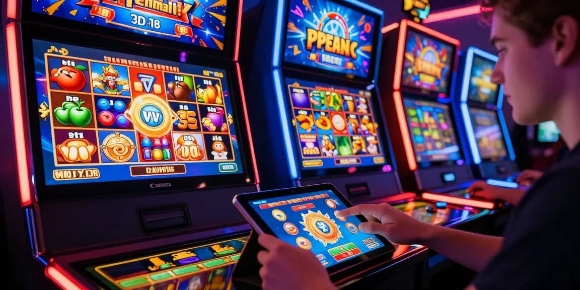 Engaged player on a vibrant situs slot gaming interface with colorful digital machines and immersive graphics.