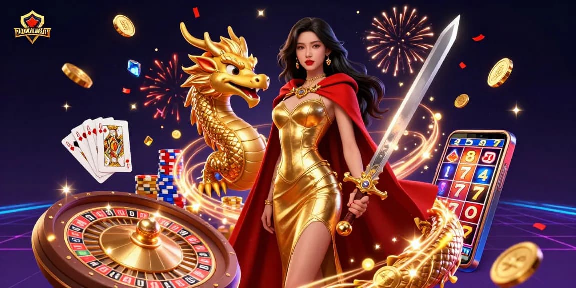 PANGKALANSLOT showcases an engaging scene with a warrior queen and a golden dragon amidst dynamic casino elements.