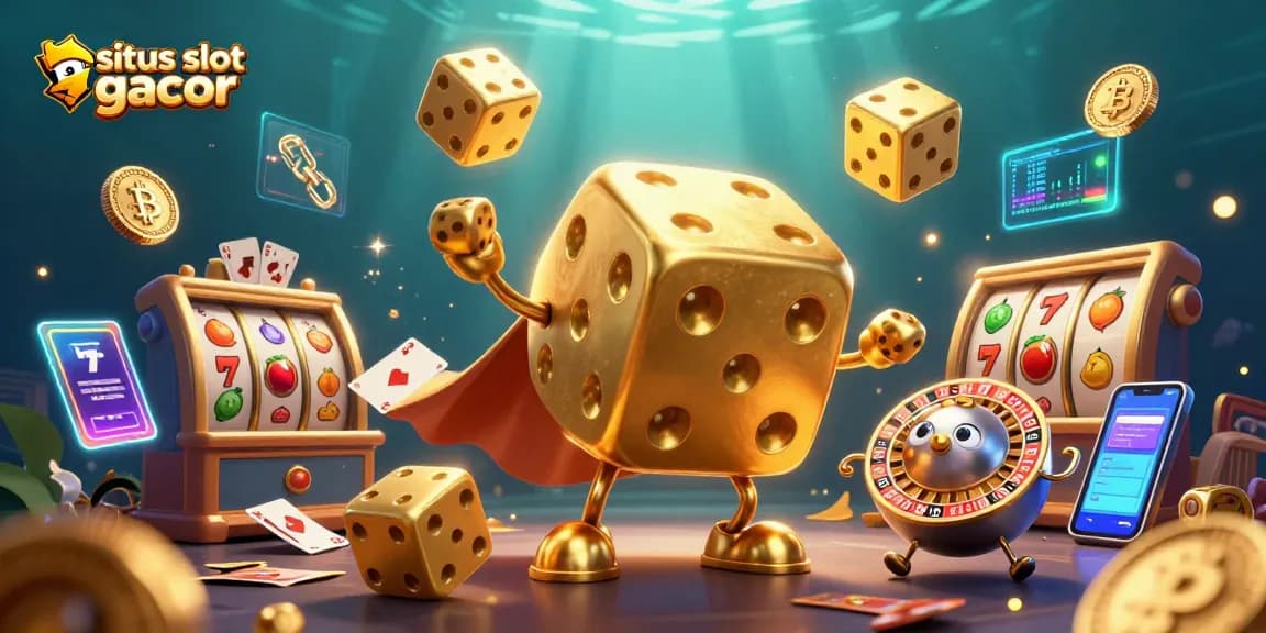 Visualisasi situs slot gacor dengan elemen slot, dadu emas, dan koin kripto yang bersinar.