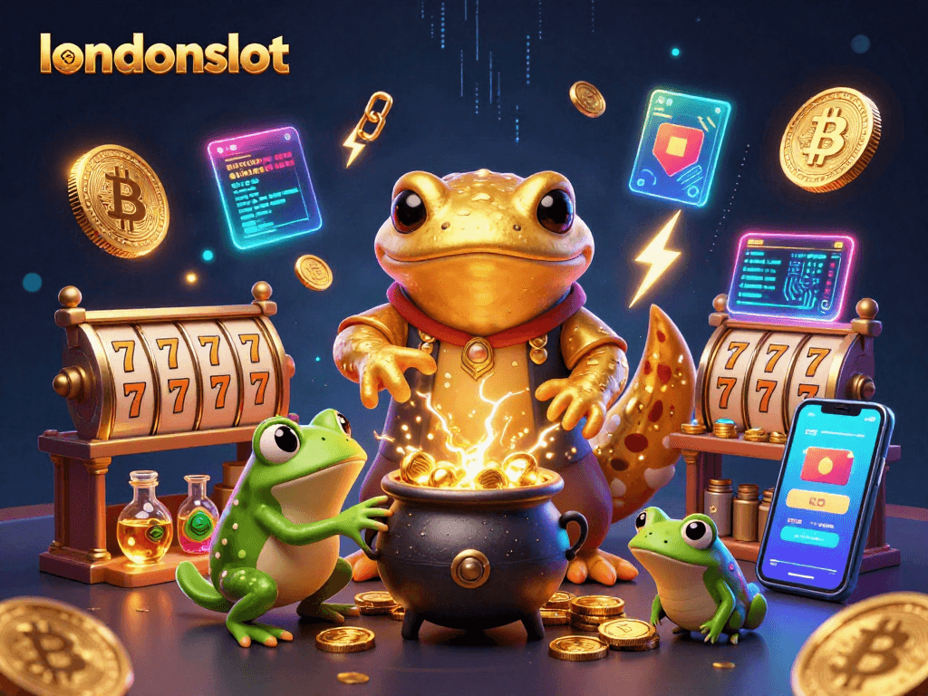 Spin the reels at londonslot featuring a 3D golden salamander alchemist and vibrant slot elements.