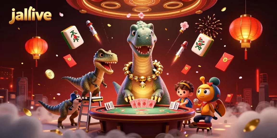Experience jalalive in this lively 3D scene with a brontosaurus, raptor dealer, and festive gambling elements.
