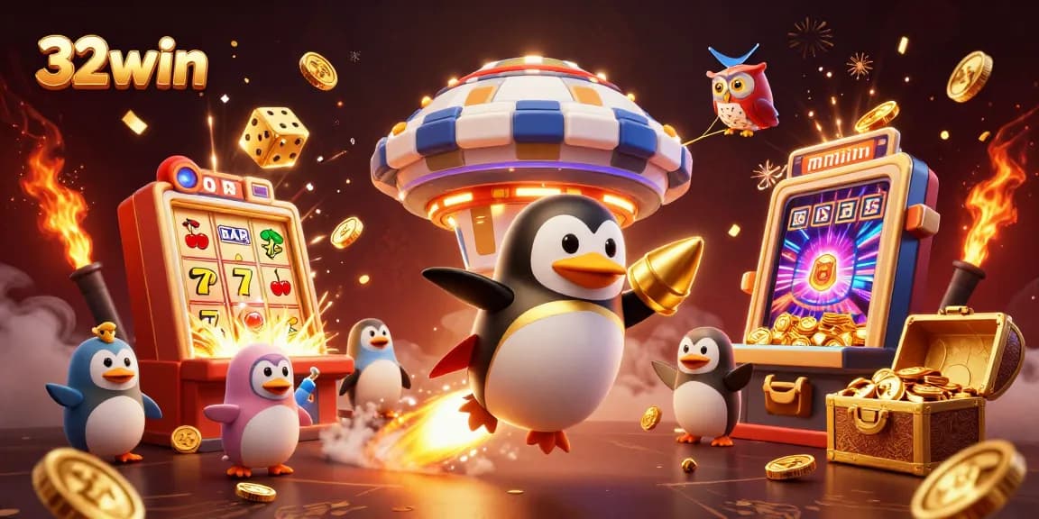 32win offers exciting jackpots from a slot machine bursting with coins, enhancing the casino experience.