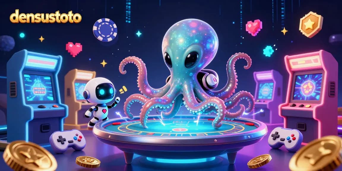 Berinteraksi dengan densustoto, alien bercorak kartun dan robot di meja poker holografik penuh warna.
