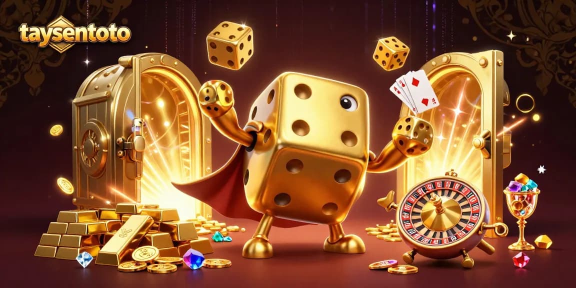 Taysentoto menampilkan golem dadu emas 3D dan elemen kasino menarik dalam ilustrasi berharga.
