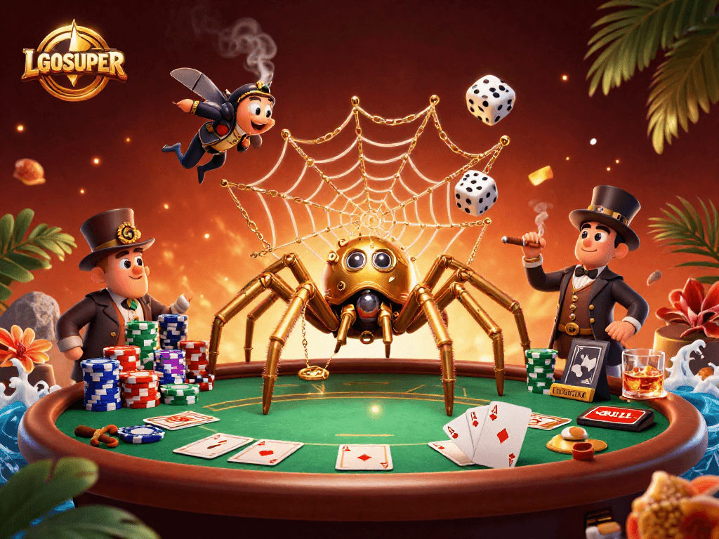 Engage with LGOSUPER's dynamic gambling experience, featuring a steampunk spider and Victorian fly in a vibrant casino scene.