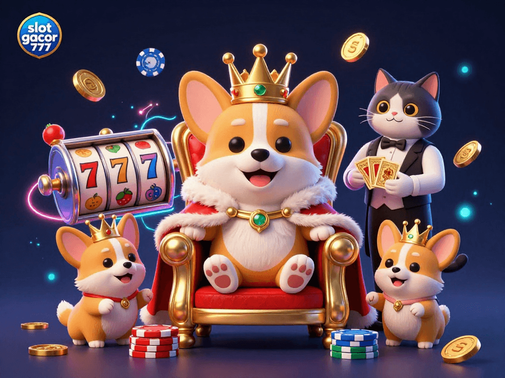 Engage with slot gacor 777 featuring a crowned corgi on poker chips, surrounded by game elements.
