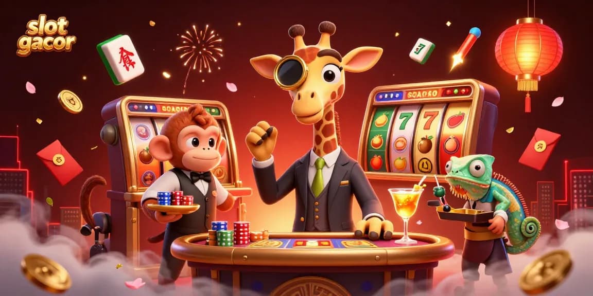 Engage with the vibrant slot gacor scene featuring a giraffe at a VIP slot table with dynamic game elements.