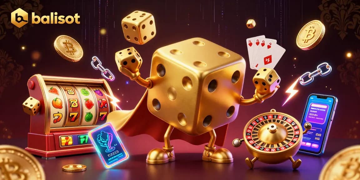 Permainan slot balislot dengan dadu emas dan simbol jackpot yang bersinar.