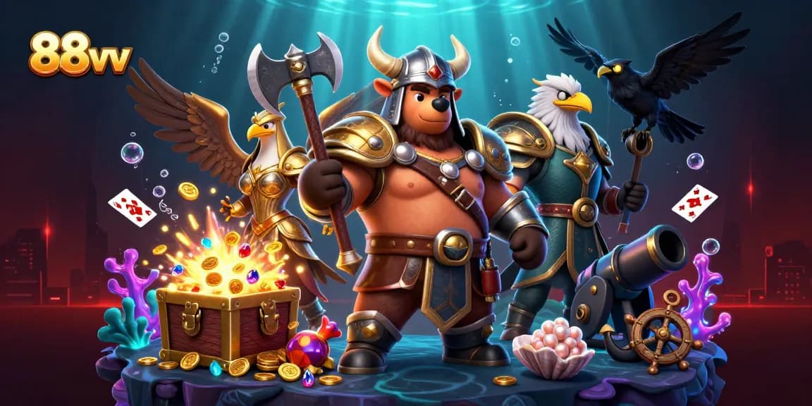 Engage in thrilling 88vv online casino adventures with 3D Viking bear and Valkyrie eagle.