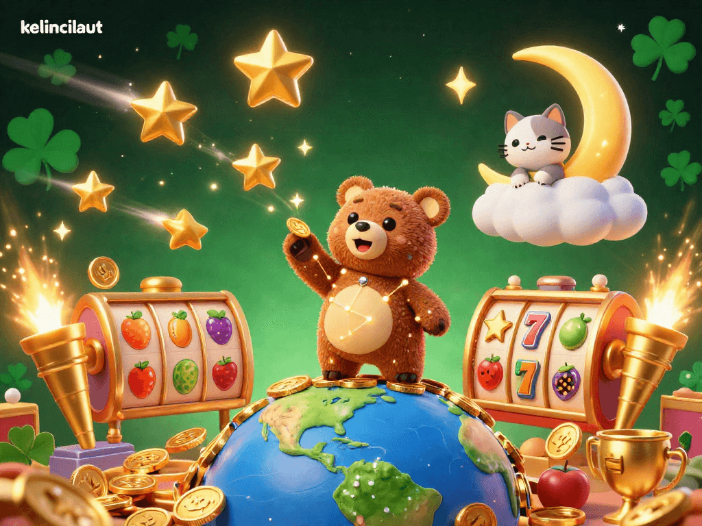 Experience the excitement of kelincilaut with a constellation bear and slot reels in a vibrant, dynamic casino scene.