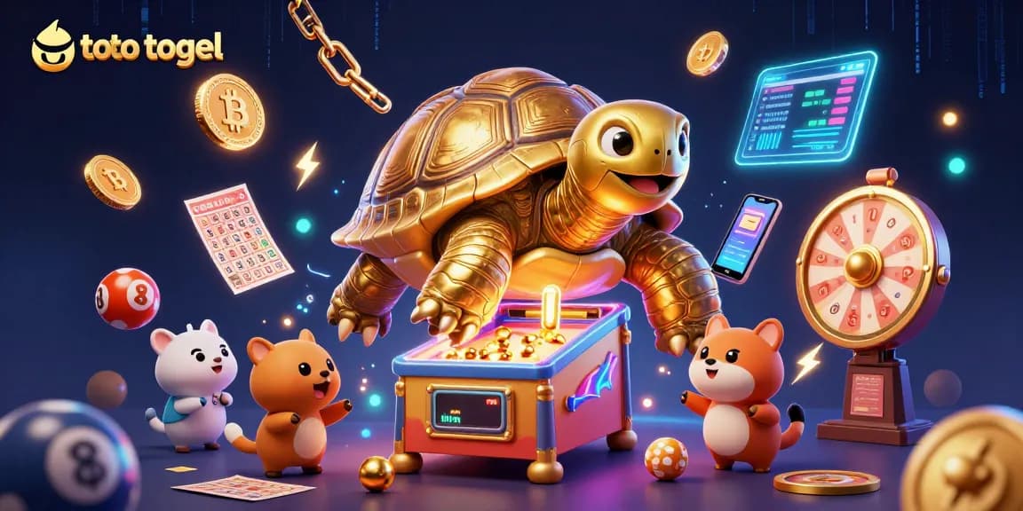 Experience thrilling toto togel gameplay with a vibrant 3D cartoon illustration featuring exciting lottery elements and crypto coins.