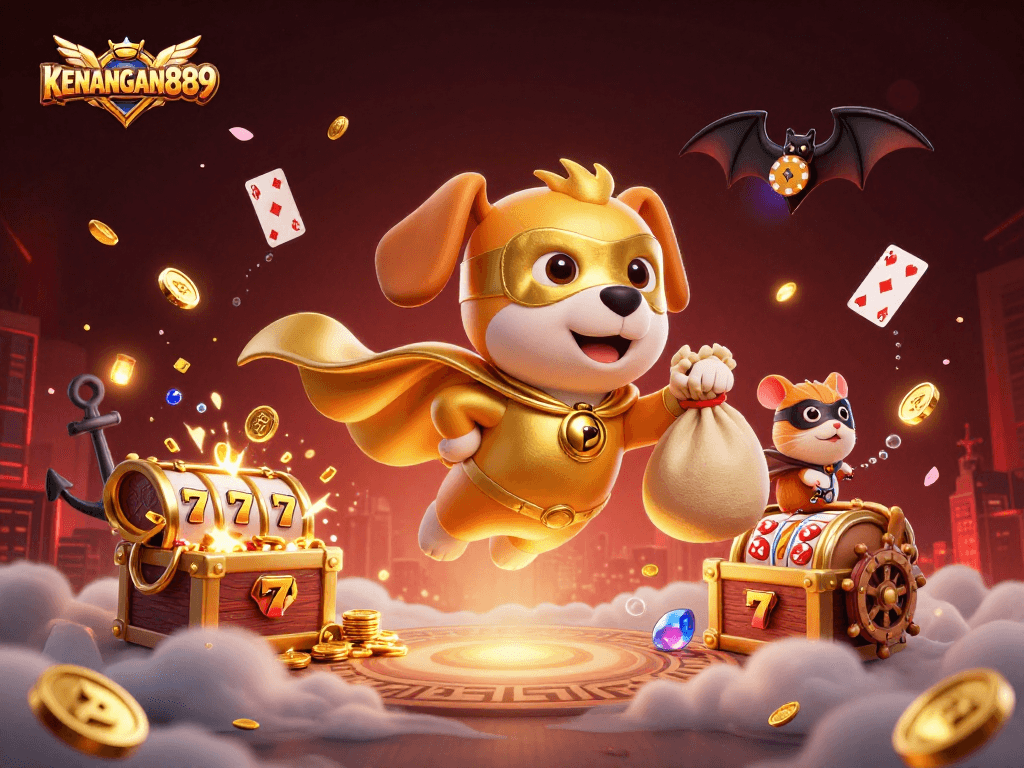 KENANGAN889 showcases a colorful 3D scene with a superhero dog and exciting slot elements.