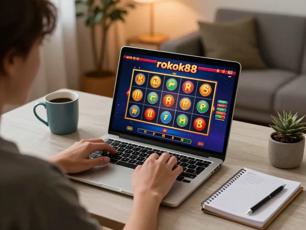 Engaging with rokok88 slot game on a laptop in a cozy home workspace.