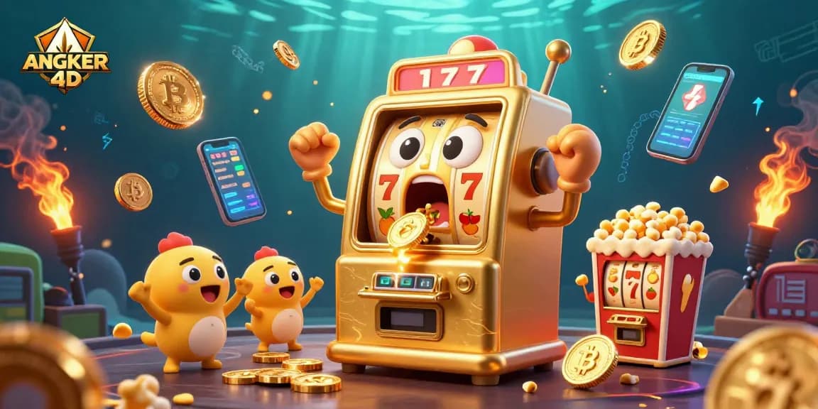 Spin to win at ANGKER 4D with vibrant slot machines bursting with coins and gaming excitement.
