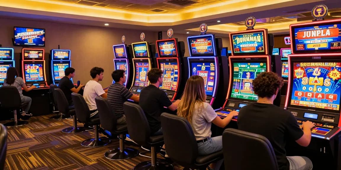 Players enjoying casino games on tempototo platform, vibrant atmosphere with bright slot machines and excitement.