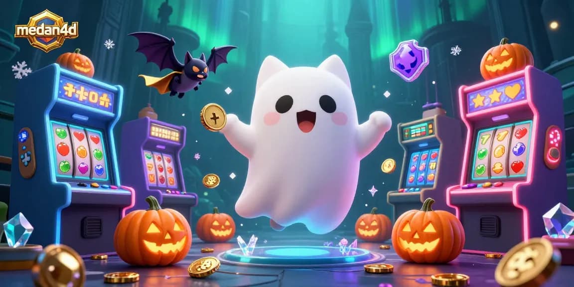 Menyajikan medan4d, kucing hantu mengapung di kasino berhantu dengan mesin slot dan simbol keberuntungan.
