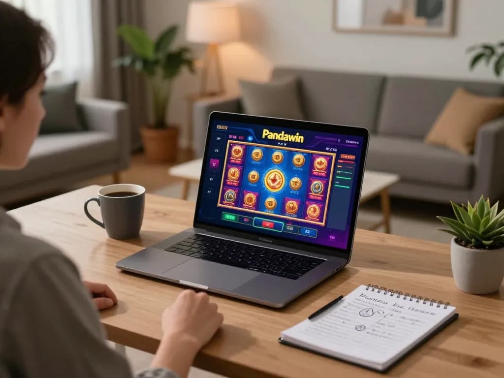 Permainan slot Panda Win ditampilkan di laptop selama sesi permainan online yang nyaman di rumah, menampilkan catatan strategi.